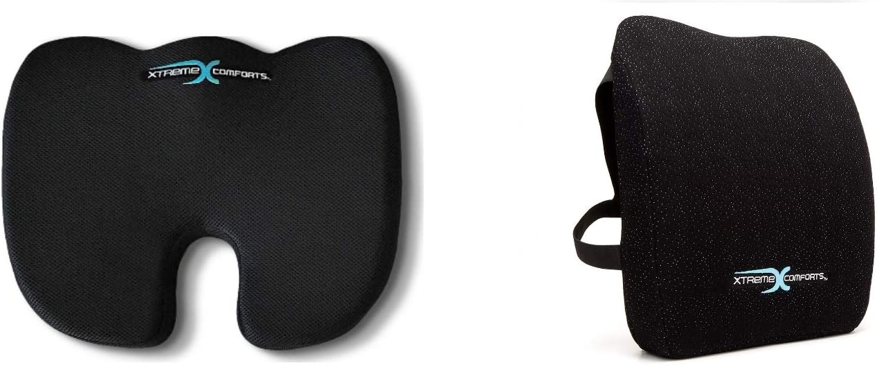 Xtreme Comforts Memory Foam Back Cushion with Deluxe Coccyx Orthopedic Memory Foam Seat Cushion with Carry Handle