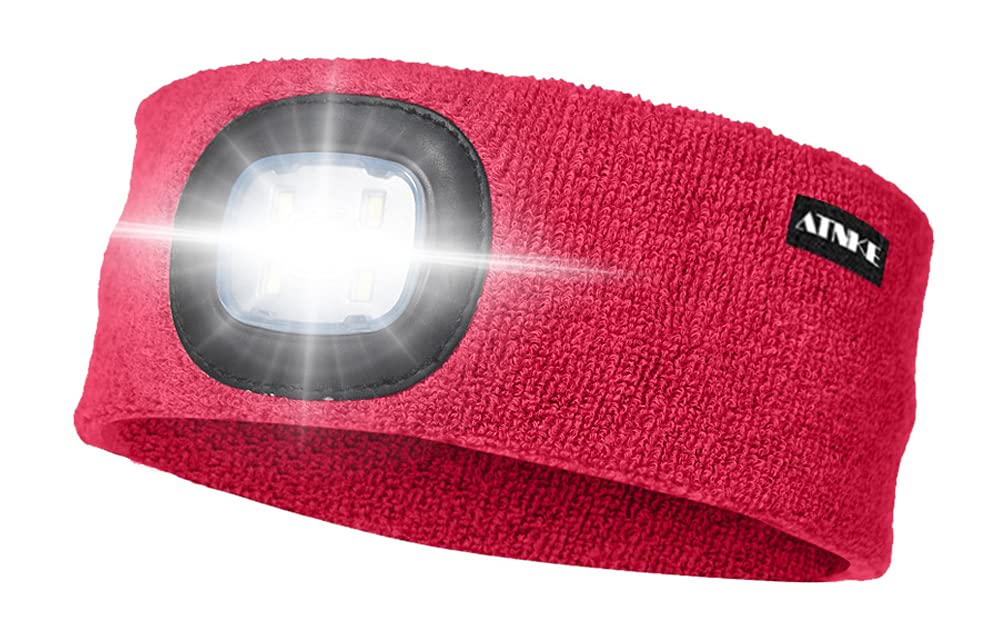ATNKE LED Lighted Headband, USB Rechargeable Running Hat Ultra Bright 4 LED Waterproof Light Lamp Headlamp High Stretch Moisture Wicking Multi-Color/Red