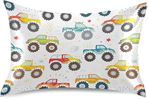 KOPIRIT Kids Doodle Monster Truck Pillow Covers Silk Pillowcase for Hair and Skin Breathable & Silky Soft Satin Pillowcase Standard Size Pillow Case for Sleeping Women Boys Girls Room (20x30 Inch)
