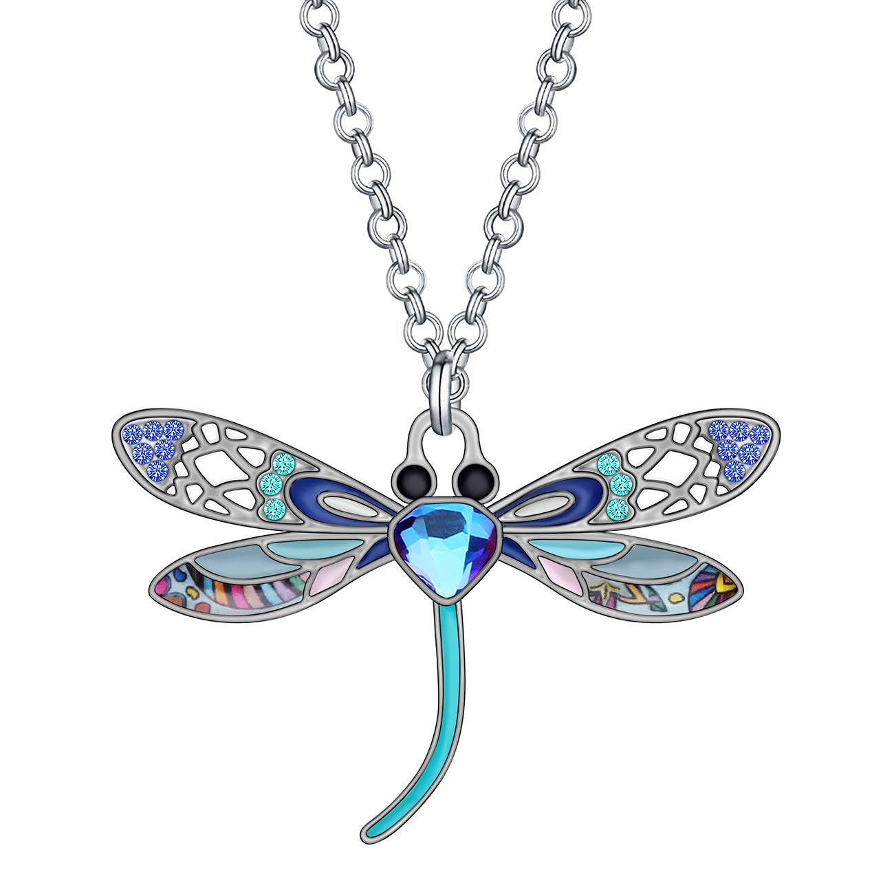 BONSNY Statement Enamel Rhinestone Dragonfly Necklaces Pendant Original Design Gifts for Women Nature lover Jewelry (Blueness)