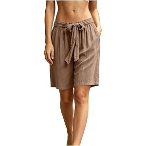 Womens Linen Knee Length Shorts Drawstring Waist Lightweight Short Pants Comfy Casual Lounge Shorts with Pocket