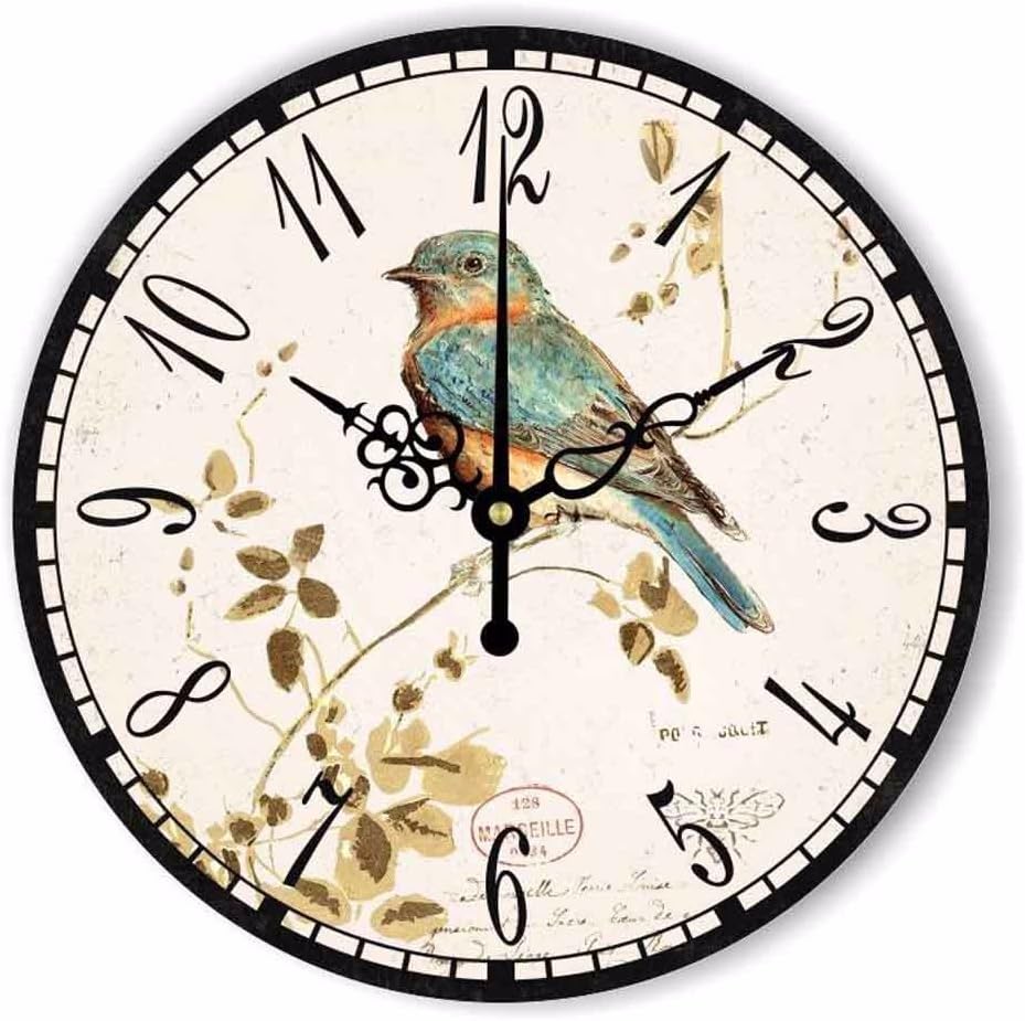 WENXUAN 12" Retro Vintage Bird French Country Tuscan Style Non-Ticking Silent Wooden Wall Clock