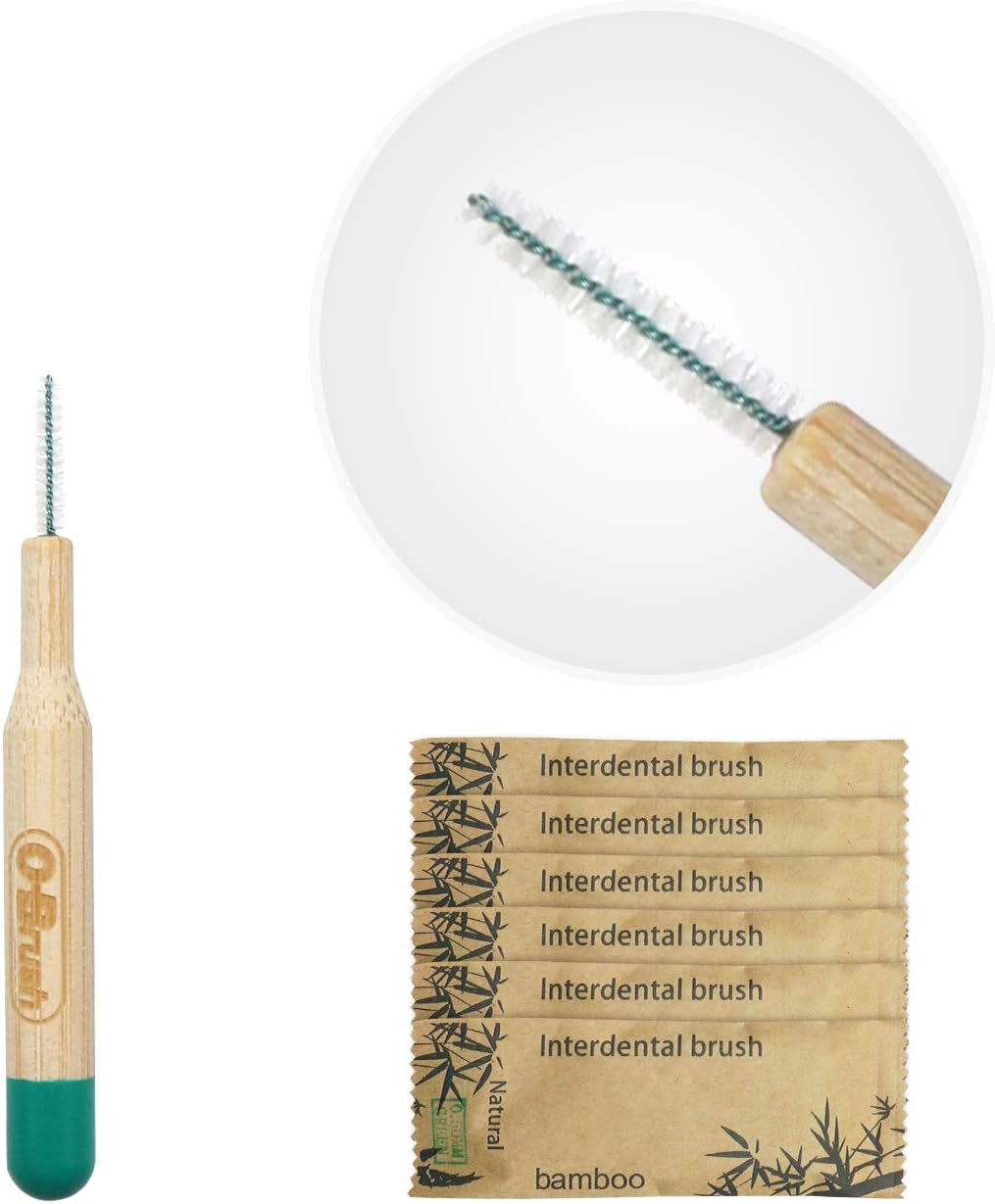 Obrush Interdental Brushes Between Teeth, Bamboo Interproximal Dental Braces Brush, Biodegradable Floss Pick, Reusable Vegan Toothpicks Interdental Cleaners, Green, Size 0.5mm, 30 Count
