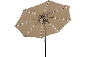 JEAREY 9FT Outdoor Patio Umbrella with Solar Lights, LED Lighted Pool Umbrella with Tilt and Crank, Outdoor Table Umbrellas for Deck, Yard & Market (Beige)