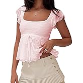 Women Y2K Lace Babydoll Tank Top Cap Sleeve Ruffle Hem Square Neck Tie Front Peplum Blouses Cute Going Out Crop Top