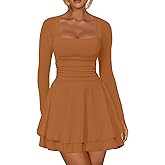 Kaximil Women's Square Neck Ruffle Hem Mini Dress Ruched Waist Long Sleeve Corset Short Party Dresses