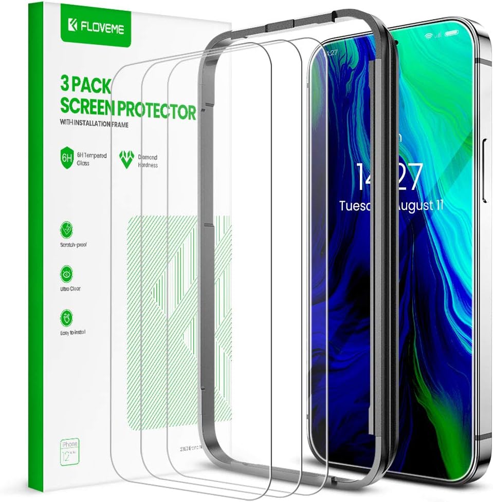 FLOVEME iPhone 12 iPhone 12 Pro Screen Protector (3 PACK) 6.1inch 2020 Shatterproof Tempered Glass Compatible with iPhone 12 iPhone 12 Pro Screen Film Case-friendly Alignment Frame Easy Installation