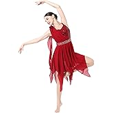 ODASDO Lyrical Dance Costumes for Women Modern Contemporary Dancewear Sequin Chiffon Handkerchief Dress