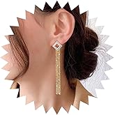 Andelaisi Boho Crystal Tassel Chain Earrings Long Tassel Chain Dangle Earrings Sparkly Square Rhinestone Studs Earrings Vintage Long Chain Tassel Earrings Jewelry for Women
