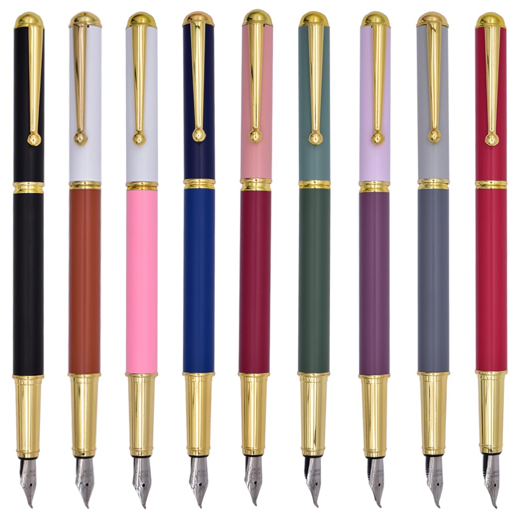 Ranvi 9 PCS Gold Trim Classic Metal Fountain Pen,Gift Pens with Converters,Bent Nib