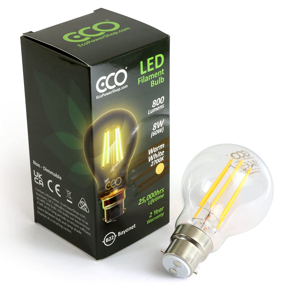 ECO 60W Energy Saving Light Bulb, Low Energy 8W LED Filaments, Bright 800 Lumen, Clear Glass, Warm White (2700K), B22 Standard UK 2 pin Bayonet, 25000Hrs Lifetime. (1xPACK)
