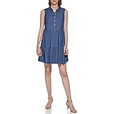 Tommy Hilfiger Womens Sleeveless V-Neck Button Front Tiered Mini Dress