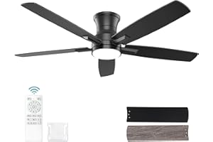 YUHAO 52 Inch Flush Mount Black Ceiling Fan with Light and Remote Control.Noiseless,Dimmable,3CCT,6 Speeds Reversible, Low Profile DC Ceiling Fans for Indoor Use