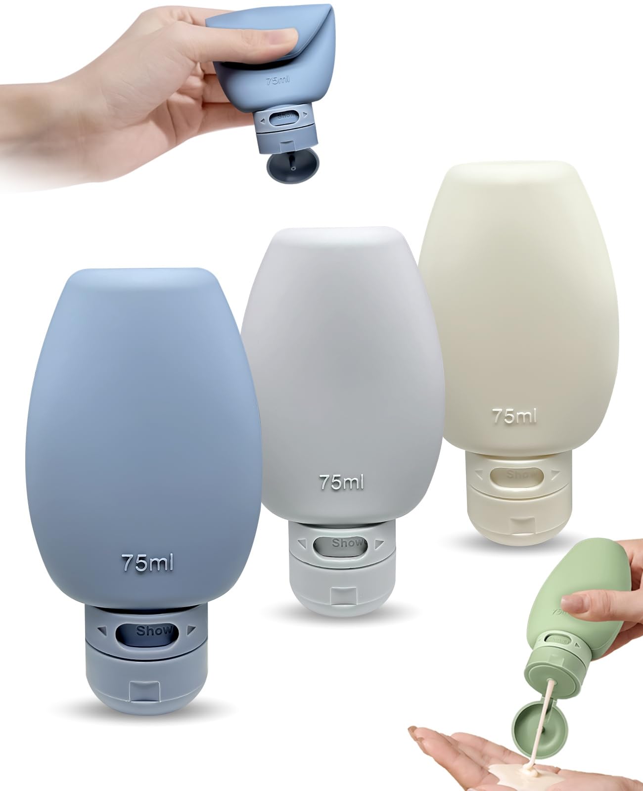ASADAYS Silicone Travel Bottles 75ml 3-piece set Reusable Stylish Squeeze Accessories Cosmetic Lotion Refillable Containers BPA-Free Portable Suitable for Shampoo Conditioner (Classic-3P)