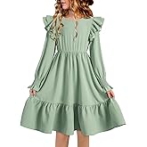 blibean Teen Girls Dress Kids Double Ruffle Long Sleeve Smocked Dresses Size 6-15 Years
