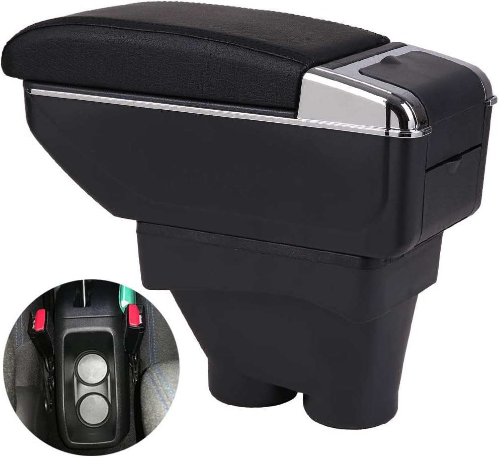 Double space panels retractable armrest box For 208 2012-2020 Centre Console Storage Box Armrest (Double retractable NO USB, Black black line)