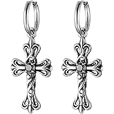 HZMAN Retro Cross Dangle Drop Earring for Men Women Stainless Steel Gothic Punk Rose Cross Party Wedding Huggie Hoop Earring Jewelry Gift (Black)