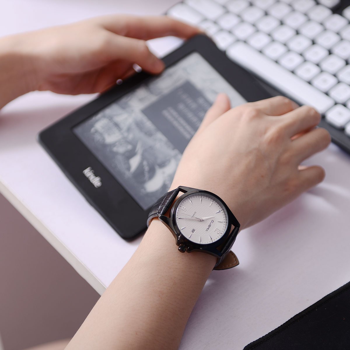 Simplicity Men\'s Wrist Quartz Watch, Comfortable PU Leather Watch with Simple Surface by CUENA, Black