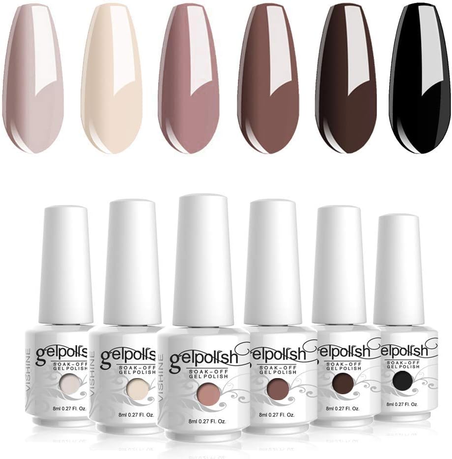 Vishine Nude Brown Collection Gel Nail Polish Set, 6 Colors, UV LED Soak Off Gel Polish 0.27 OZ 8ML, Brown, Beige, Nude