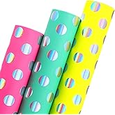 Ribbli Birthday Polka Dots Wrapping Paper Mini Roll, 3 Rolls Fluorescent Pink Aqua Yellow with Iridescent Foil Wrapping Paper for Kids Baby Shower - 17 inch x 120 inch(10feet) Per Roll