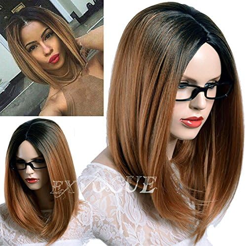 Exvogue Ombre Brown Bob Wig with Blck Roots Silk Straight 2 Tones Fiber Hair Synthetic Wigs for Women