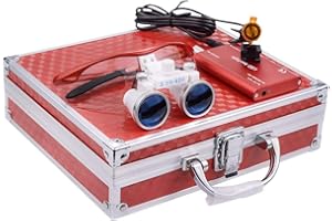 BONEW-Oral 2.5X 420MM Surgical Binocular Loupe Magnifier + 3W Clip On Head Lamp with Filter+ Aluminum Box (Red)