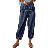 Women's Capri Pants High Waist Drawstring Cinch Bottom with Button Cotton Loose Casual Trouser with Pockets