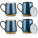HVH Farmhouse Style Ceramic Mug Set of 4, 17oz with Lid, Large Handle, for Coffee, Tea & More (Blue)