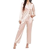 TeJoyce Womens Silk Pajamas Set Button Down 2 Piece Pjs Satin Long Sleeve and Pants Lace Sleepwear Lounge Set