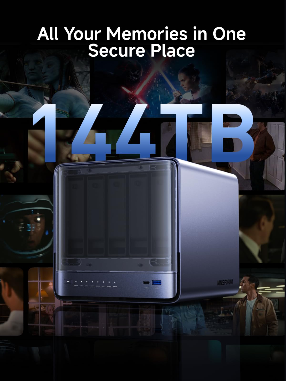 MINISFORUM 5 Bay NAS N5 Pro P370 Network Attached Storage, AMD Ryzen AI 9 HX PRO 370 Processor(12C/24T,up to 5.1GHz),Cloud Storage, DDR5 Channel, 1 * 10Gbe,1 * 5Gbe, 3*M.2 NVMe Slots, HDMI/Type-C