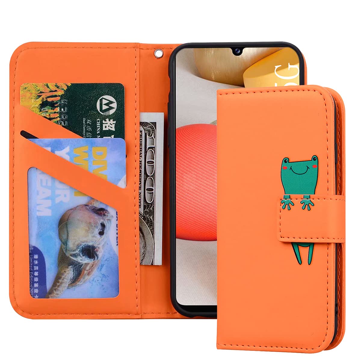 Norn Samsung Galaxy A42 5G leather Wallet Case,cute Cartoon Phone Case with Kickstand,Folding Stand PU wallet case,shokproof folio Flip Cover Protective Case with Card Slots,Magnetic Closure,Orange