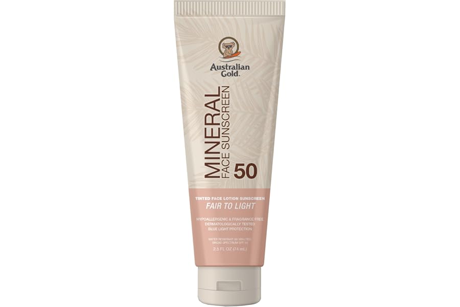 Australian Gold SPF 50 Tinted Mineral Face Sunscreen, Fair to Light, 2.5 fl oz, Broad Spectrum, Non-Greasy BB Cream with Blue