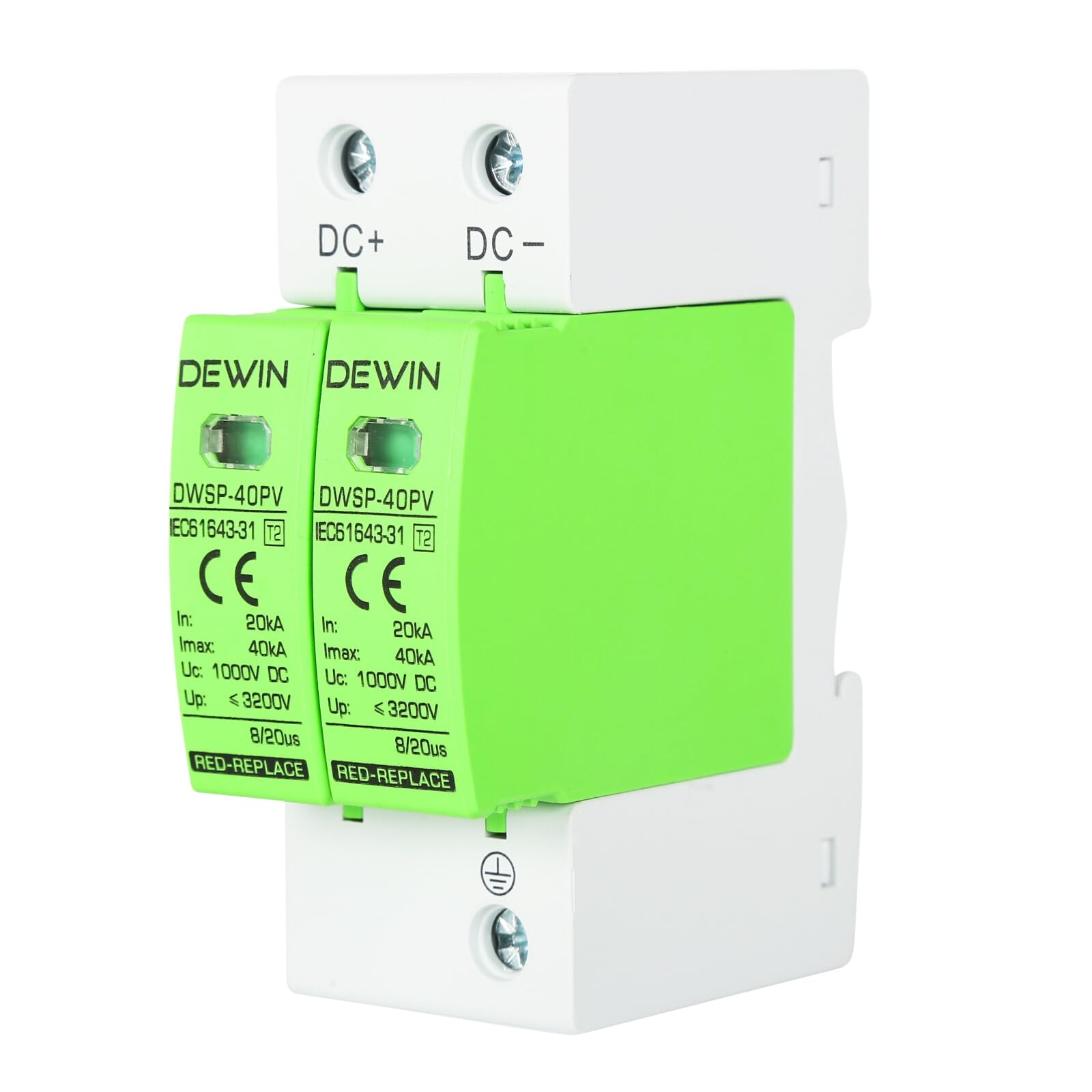 DEWIN Surge Protective Device, 2P 40KA Photovoltaic Arrester Device DC 1000V Surge Protector Lightning Protection Device 35mm DIN Rail