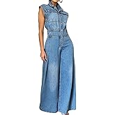 Cupitool Women's Sleeveless Denim Jumpsuits High Waisted Wide Leg Jumpsuit Summer Jean Pants Rompers