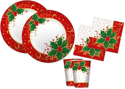 Agrifoglio Immagini Natalizie.Chance Sas Irpot Kit 80 Pz Per Festa Natale Cenone Tema Agrifoglio Piatti Party Amazon It Elettronica