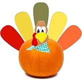 Yalikop 7 Pcs Turkey Pumpkin Decor Kit Classic Wooden Thanksgiving | Metal Stakes Poke into Pumpkin, DIY Turkey for Fall Home Outdoor, Holiday Gift, Colorful Wooden Feathers and Bandana