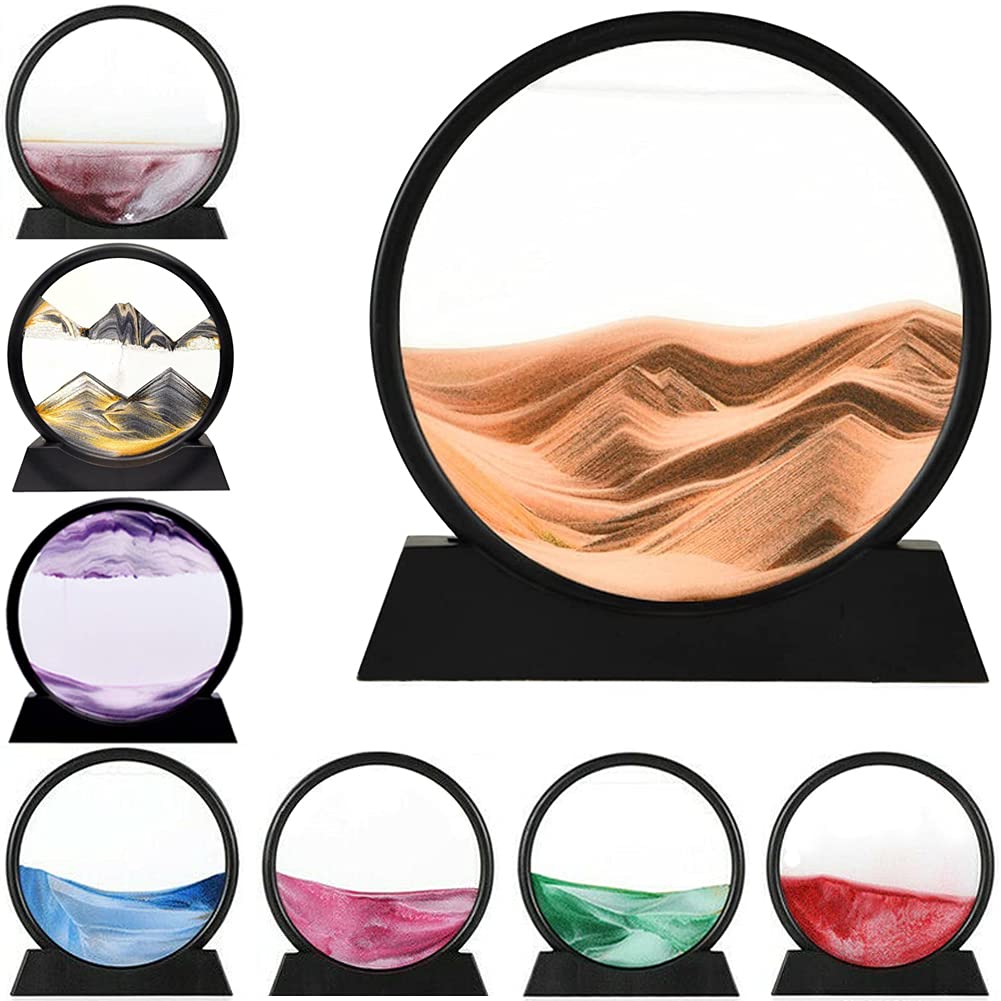 LINPING Flowing Sand Painting,Moving Sand Art Picture Round Glass 3D Deep Sea Sandscape in Motion Display Flowing Sand Frame, Home & Office Desktop Decorations (12 Zoll, Yellow)