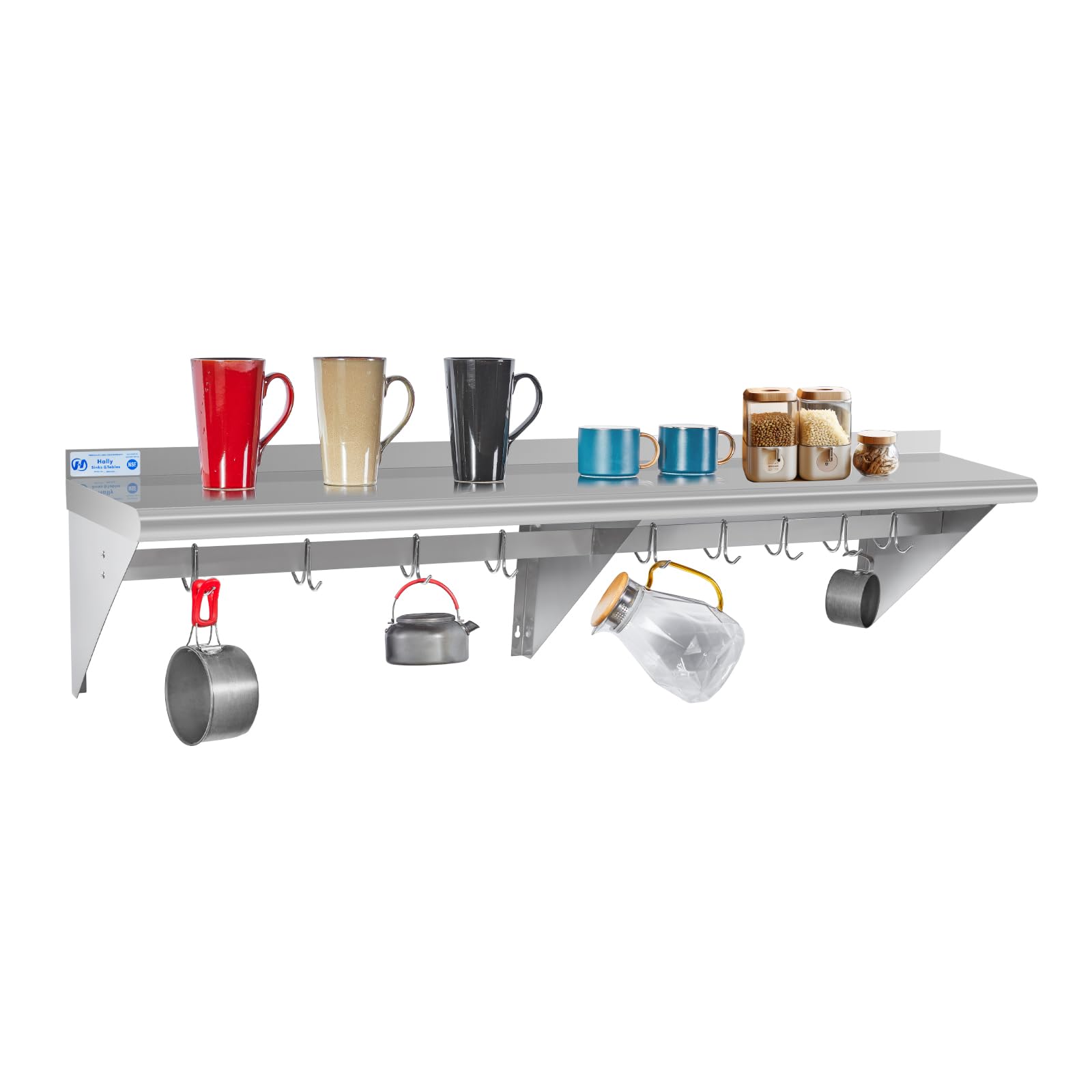 Photo 1 of Hally Stainless Steel Shelf with 9 Hooks 18" x 72" Wall Mounted Pot Rack 500lb, NSF Commercial Floating Shelving for Storage Hanging Pots, Pans, cookware in Restaurant, Kitchen, Home and Hotel