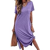 Dyexces Women Summer T Shirt Dress Casual Short Sleeve V Neck Maxi Dresses Loose Side Slit Long Tshirt Dress with Pockets