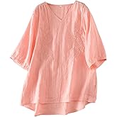 Minibee Women's Linen Embroidery Blouse V-Neck Tunic Elbow Sleeve Shirts Tops