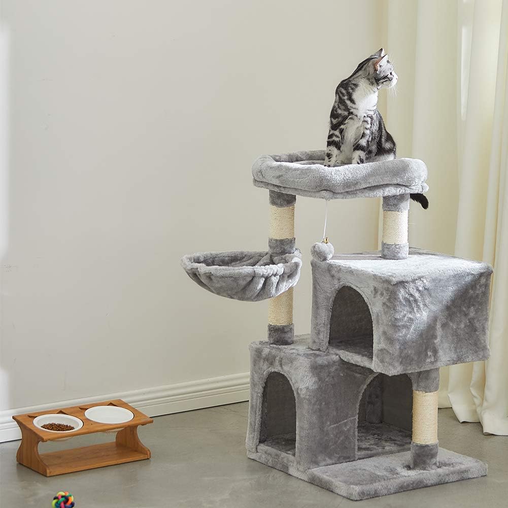 SUPERJARE Cat Tree with Plush Perch & Dangling Balls, Activity Kitten Centre Tower Equipped with Basket, Scratching Posts and Plush Condos - Gray : Pet Supplies