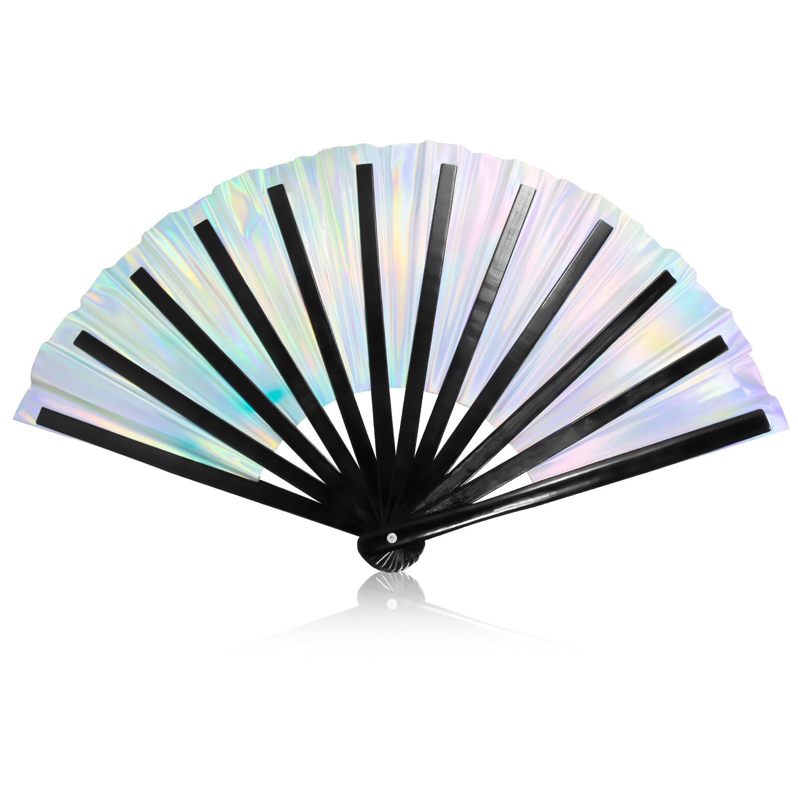 Silver Holographic Rave Hand Fan, Laser Iridescent Fan Large Folding Fan Festival Fan, Bamboo Folding Clack Hand Fan Glitter Fan Metallic Hand Fan for Night Club Dance Party Performance Outfit Props