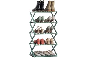 MoNiBloom Folding Shoe Rack for Entryway, Bamboo 5 Tier Stackable Installation-Free Shoe Storage Cabinet for 11-15 Pairs for Boots Heels Sandals Slippers, Green