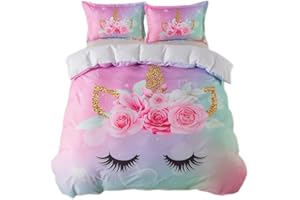 ADASMILE A & S Unicorn Bedding Twin for Girls Pink Unicorn Duvet Covet Set 3Pieces Floral Unicorn Comforter Cover Set with Ra