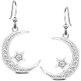 Sterling Silver Round Cubic Zirconia Crescent Moon & Star Dangle Earrings Star Jewelry for Women Mom