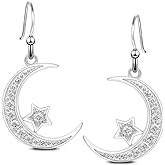 Sterling Silver Round Cubic Zirconia Crescent Moon & Star Dangle Earrings Star Jewelry for Women Mom