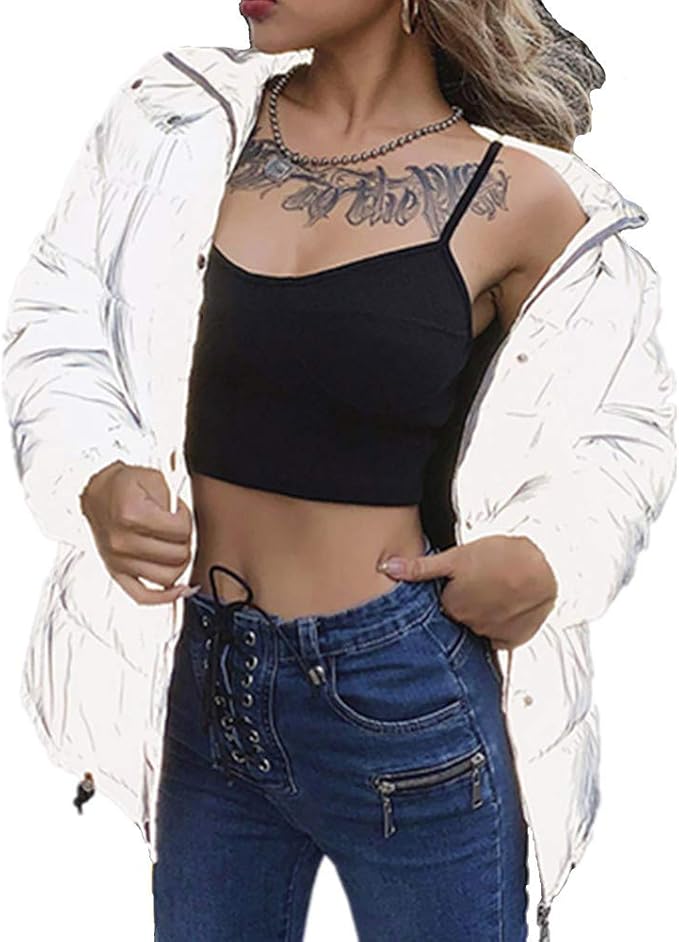 Fashion reflective lace up short punk jacket women winter coat Streetwaer long leeve Down jacket 