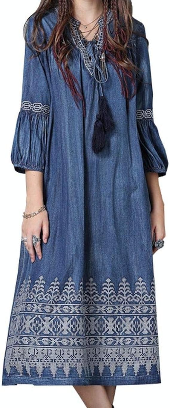 Amazon ワンピース レディース デニムワンピ 七分袖 膝下丈 刺繍 ボヘミアン レトロ プルオーバー ワンピース チュニック 通販
