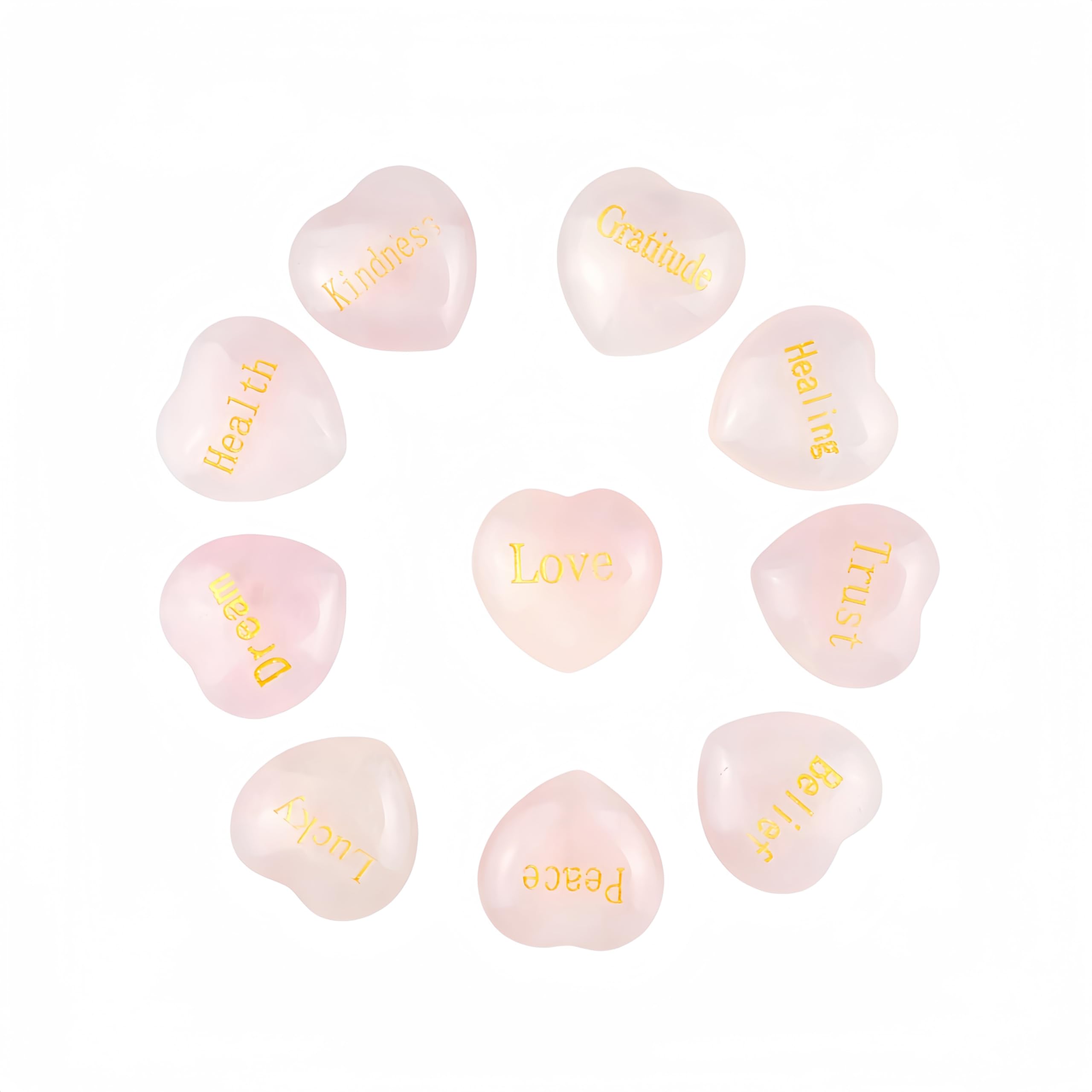 Photo 1 of 10 PCS Natural Rose Quartz Heart Crystals Set – Healing Stones with Inspirational Words for Meditation, Energy Balancing, and Spiritual Practices