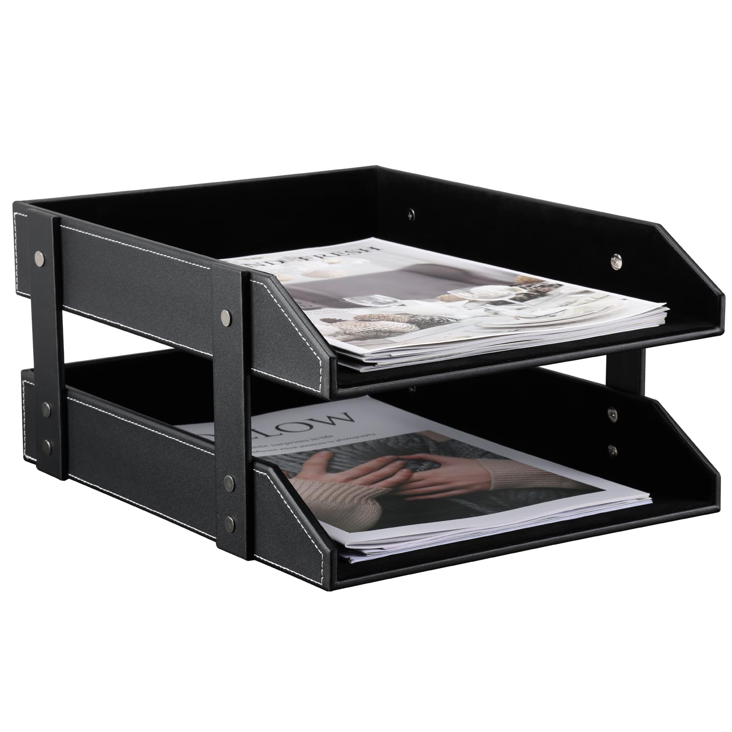 KINGFOM™ A4 2-Tier Leather Desk File Letter Tray — image 1